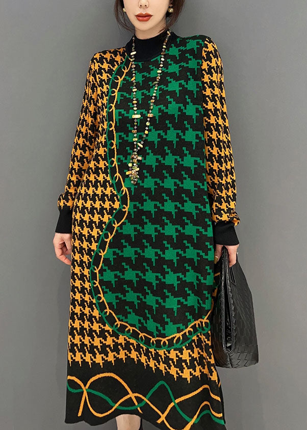 Colorblock Hign Neck Original Design Plaid Long Knit Dress Winter