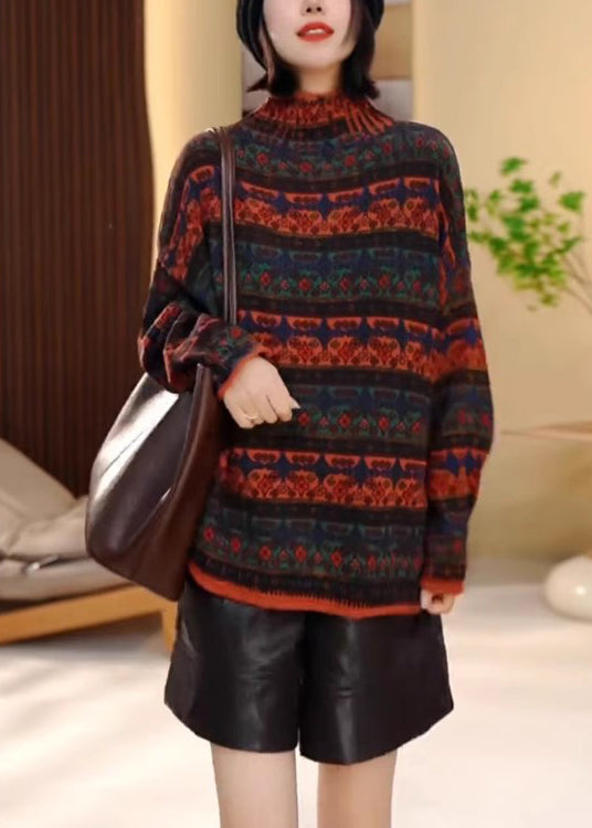 Colorblock Hign Neck Striped Knit Pullover Winter