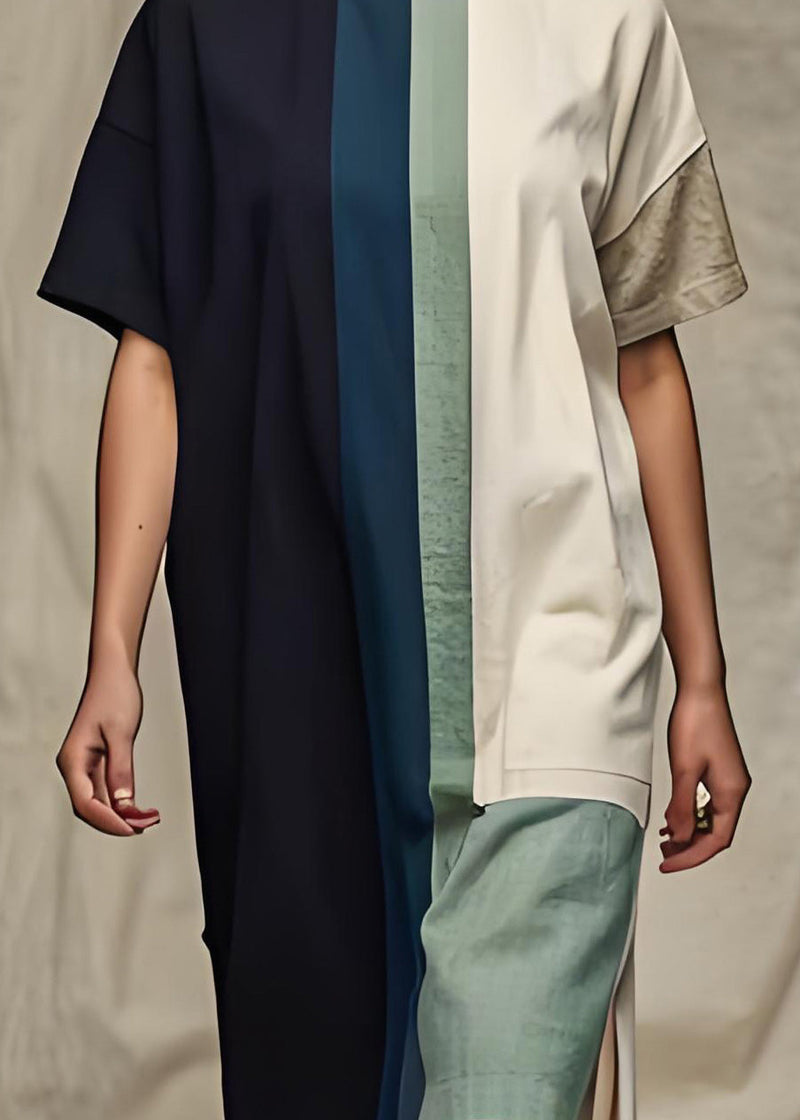 Colorblock O Neck Patchwork Cotton Dress Summer