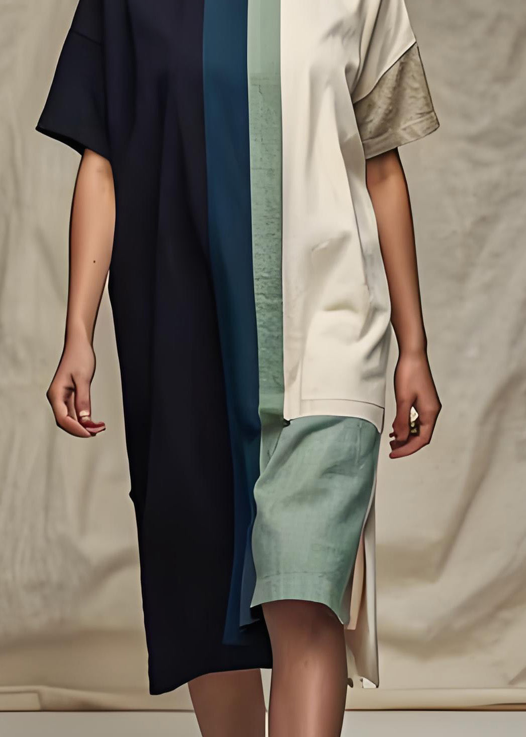 Colorblock O Neck Patchwork Cotton Dress Summer