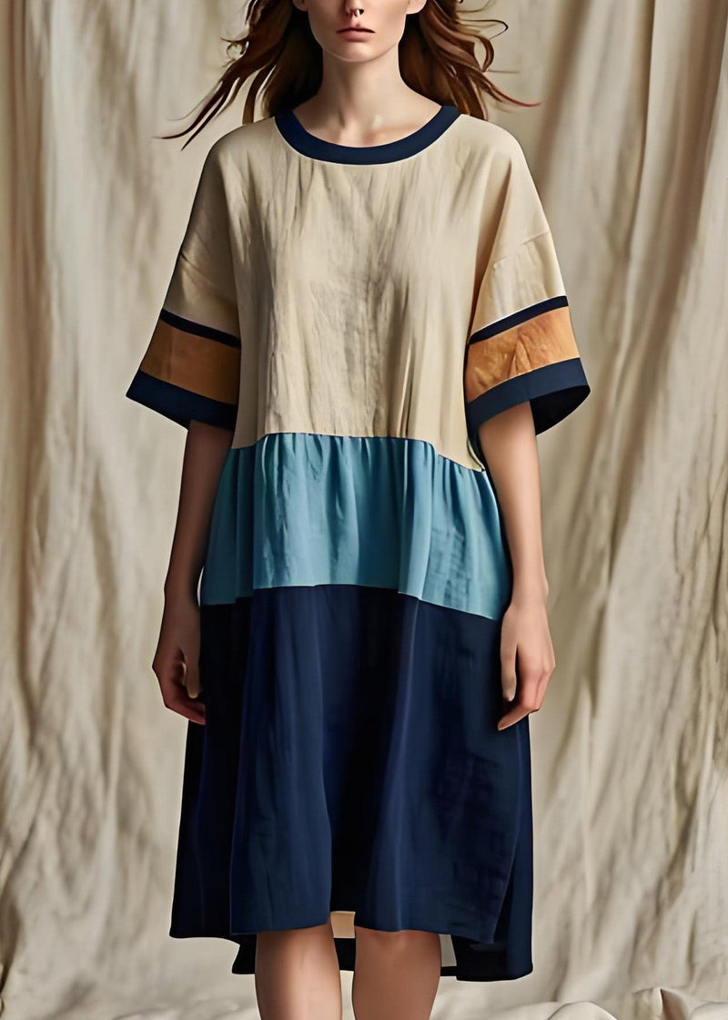 Colorblock O Neck Patchwork Cotton Dresses Summer