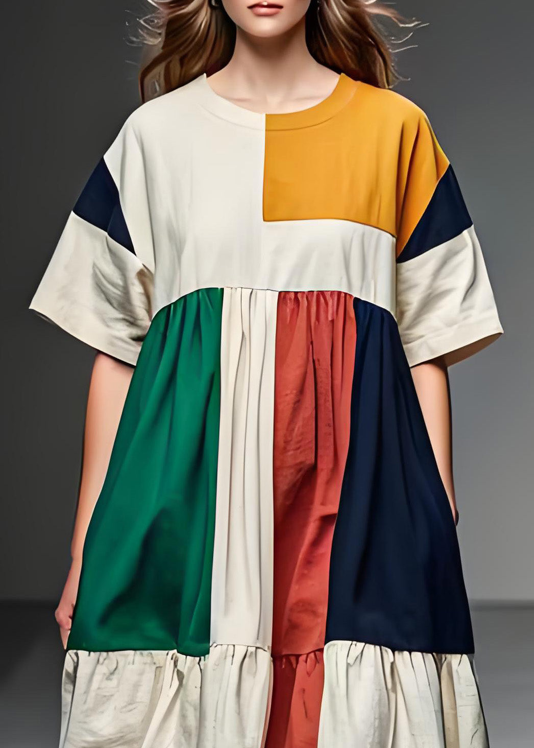 Colorblock O Neck Patchwork Linen Mid Dress Summer