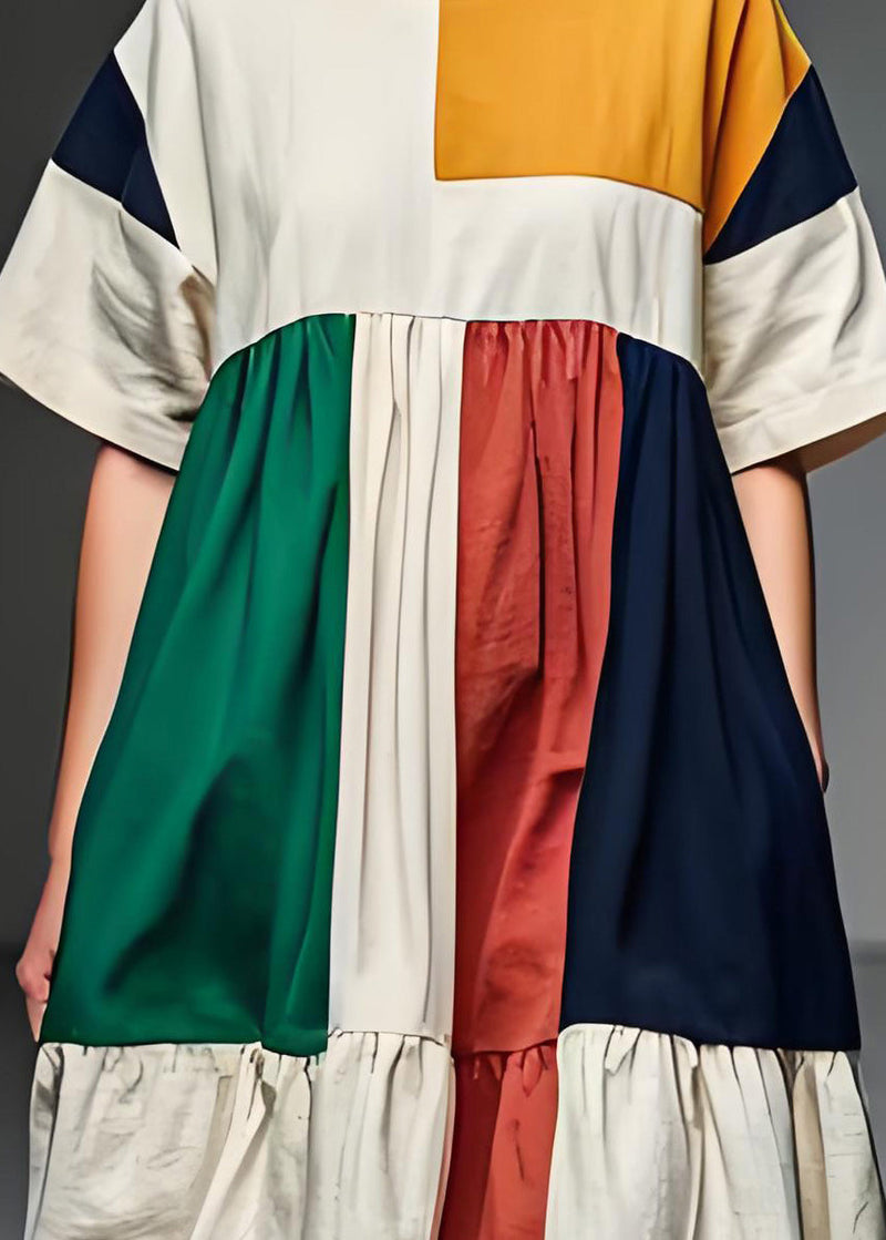 Colorblock O Neck Patchwork Linen Mid Dress Summer