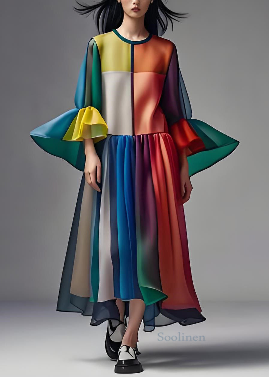 Colorblock O Neck Patchwork Loose Chiffon Dress Summer