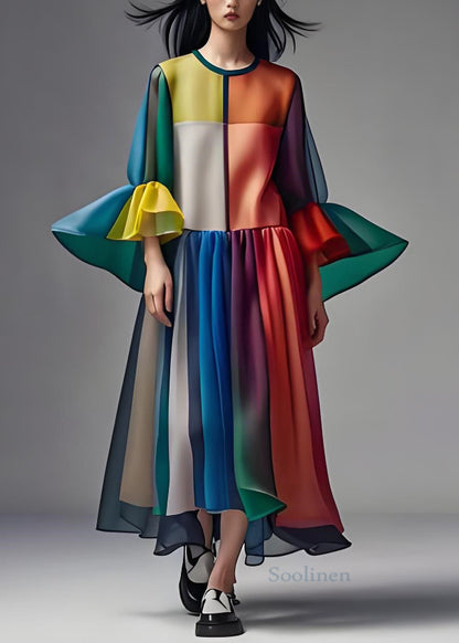 Colorblock O Neck Patchwork Loose Chiffon Dress Summer