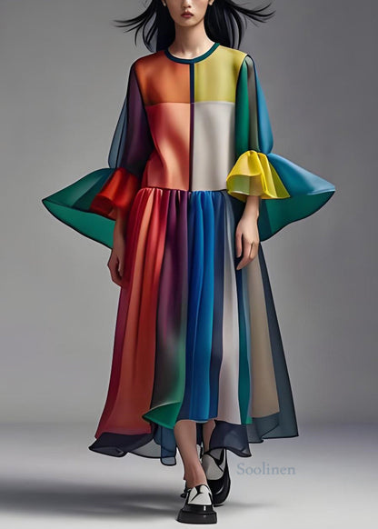 Colorblock O Neck Patchwork Loose Chiffon Dress Summer