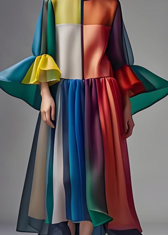 Colorblock O Neck Patchwork Loose Chiffon Dress Summer