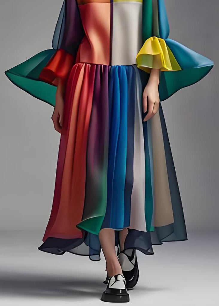 Colorblock O Neck Patchwork Loose Chiffon Dress Summer