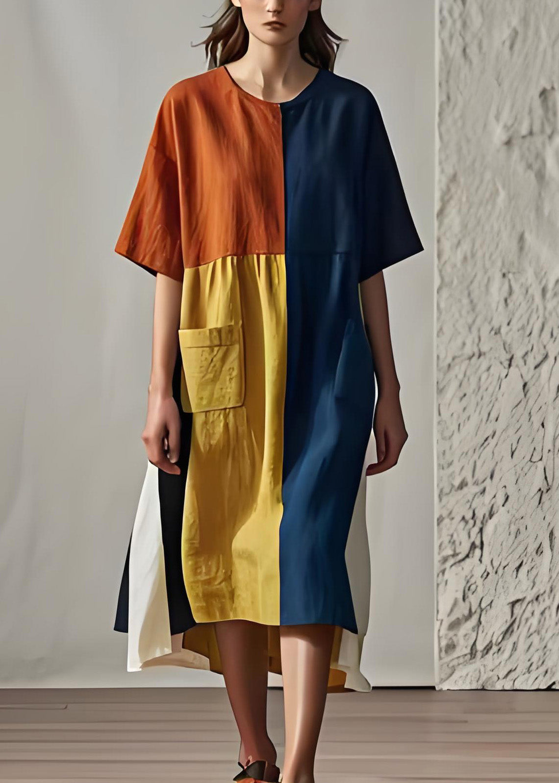 Colorblock O Neck Pockets Patchwork Cotton Dresses Summer