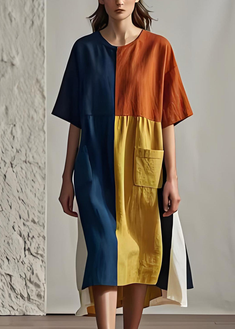 Colorblock O Neck Pockets Patchwork Cotton Dresses Summer