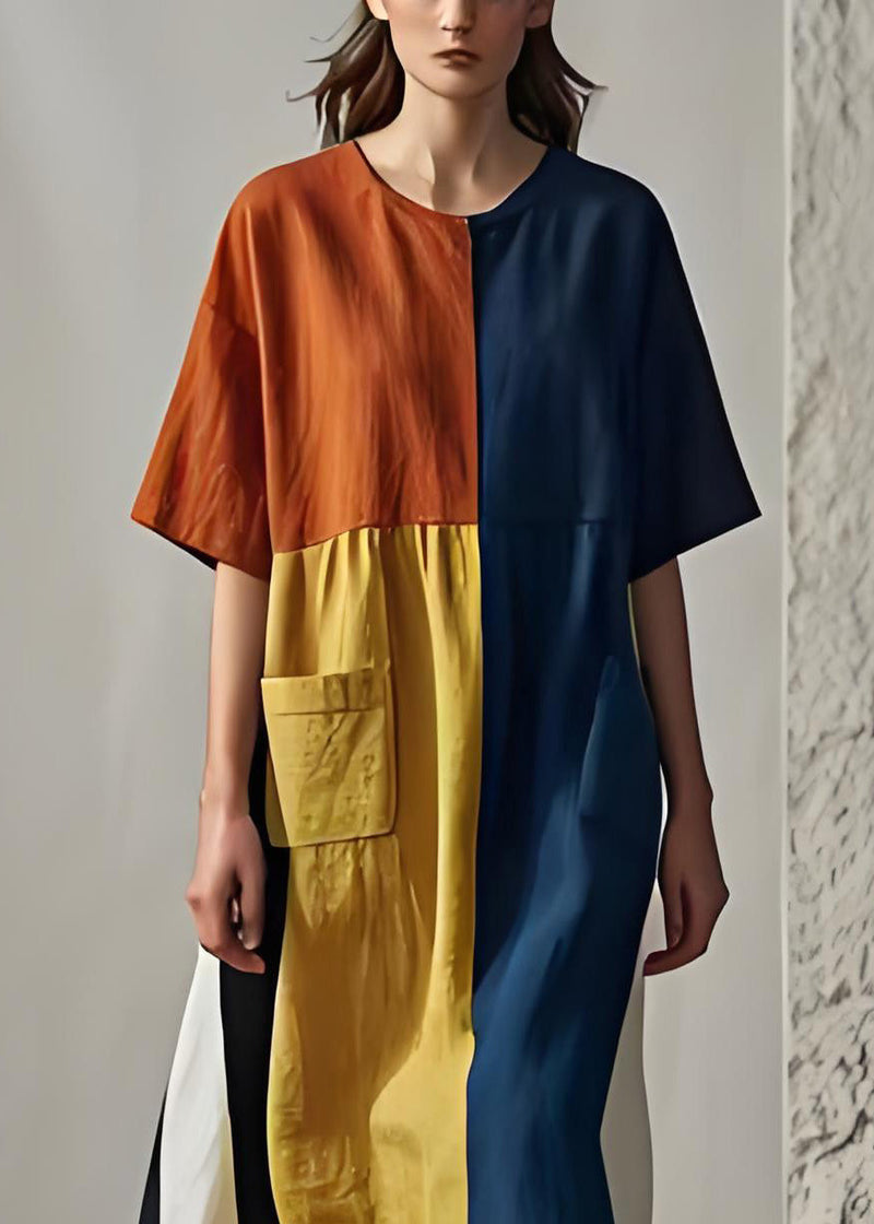 Colorblock O Neck Pockets Patchwork Cotton Dresses Summer