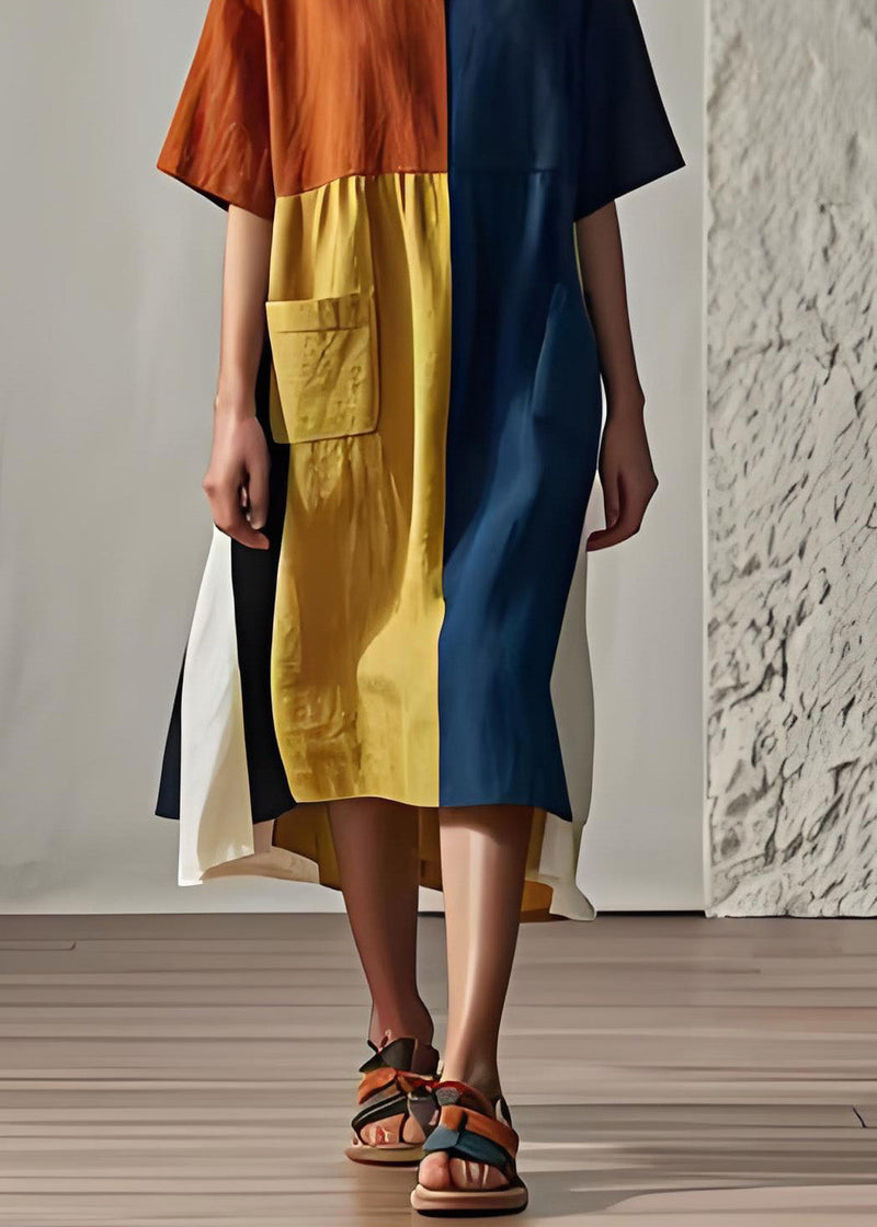 Colorblock O Neck Pockets Patchwork Cotton Dresses Summer