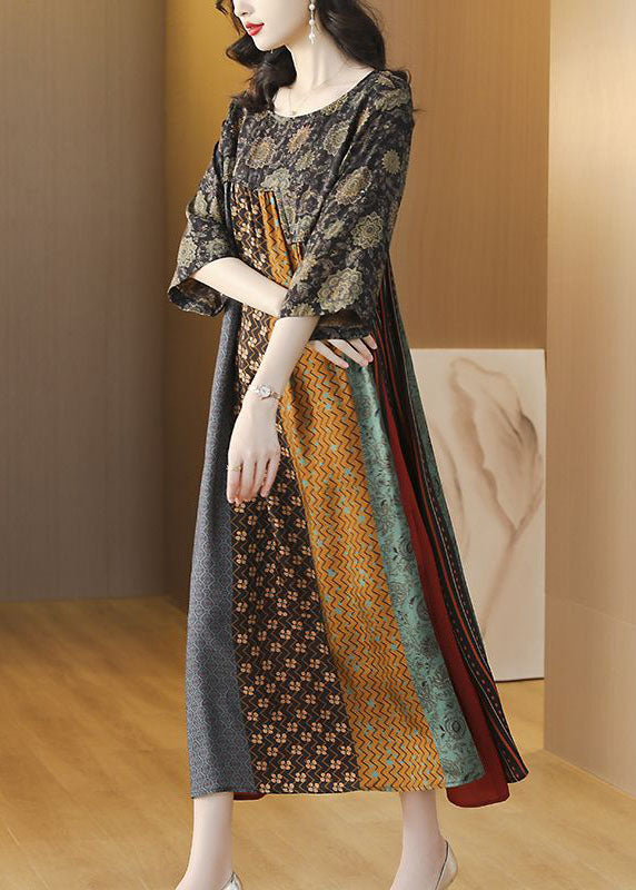 Colorblock O Neck Print Striped Patchwork Silk Dresses Summer