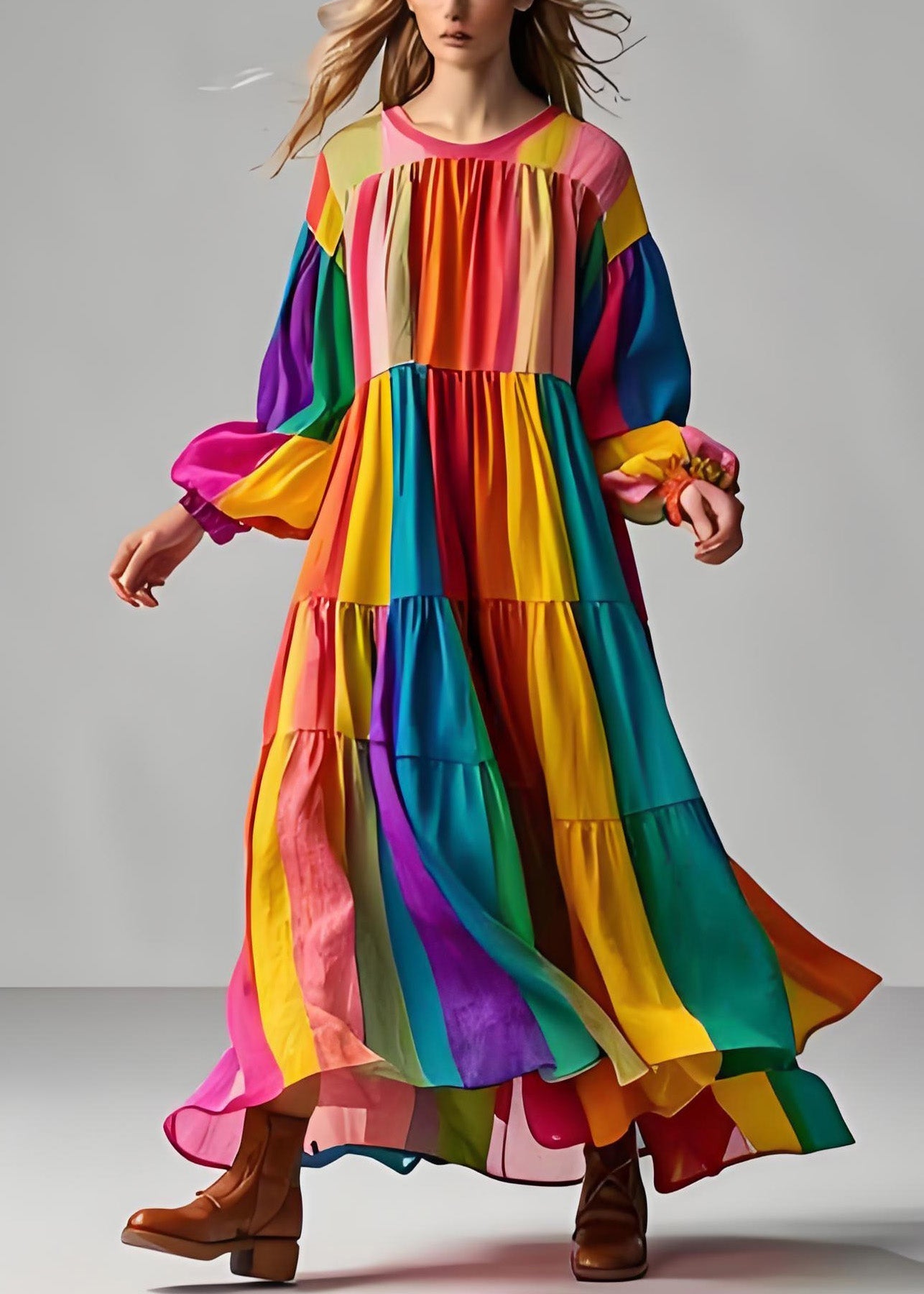 Colorblock O Neck Wrinkled Patchwork Cotton Dress Long Sleeve