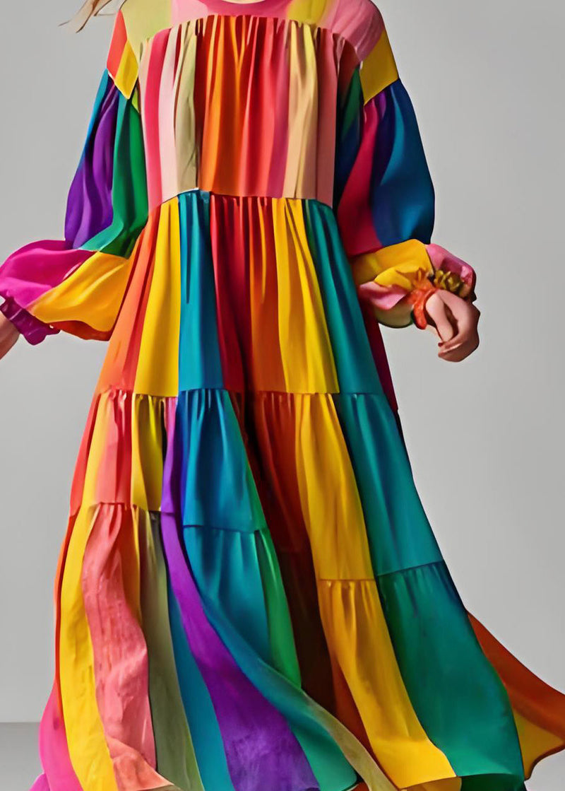 Colorblock O Neck Wrinkled Patchwork Cotton Dress Long Sleeve