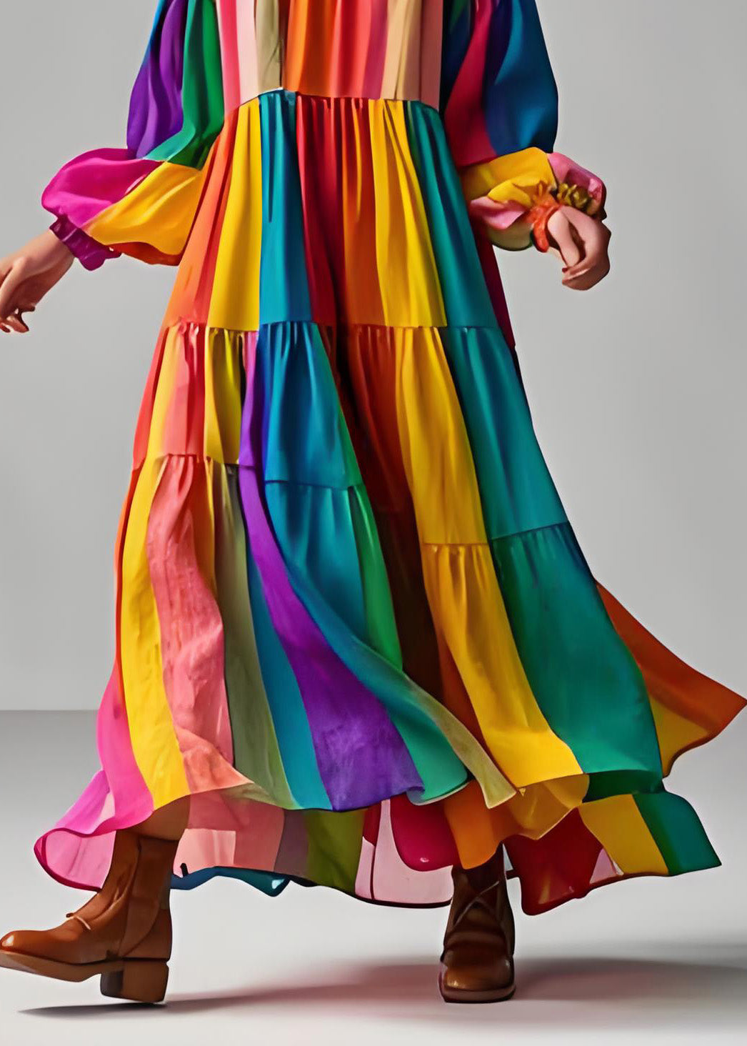 Colorblock O Neck Wrinkled Patchwork Cotton Dress Long Sleeve