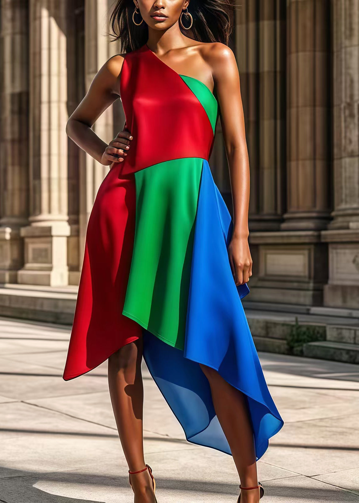 Colorblock One Shoulder Patchwork Silk Party Dress Summer