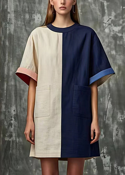 Colorblock Oversized Patchwork Pockets Linen Dress Summer