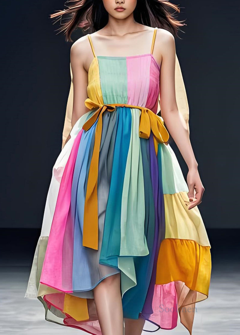 Colorblock Patchwork Cotton Spaghetti Strap Dress Sleeveless