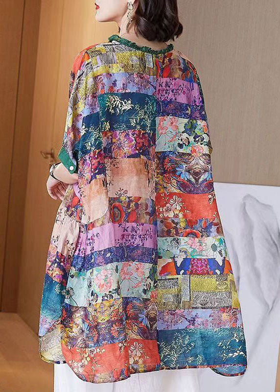 Colorblock Ruffled Print Patchwork Cotton Shirt Top Half Sleeve