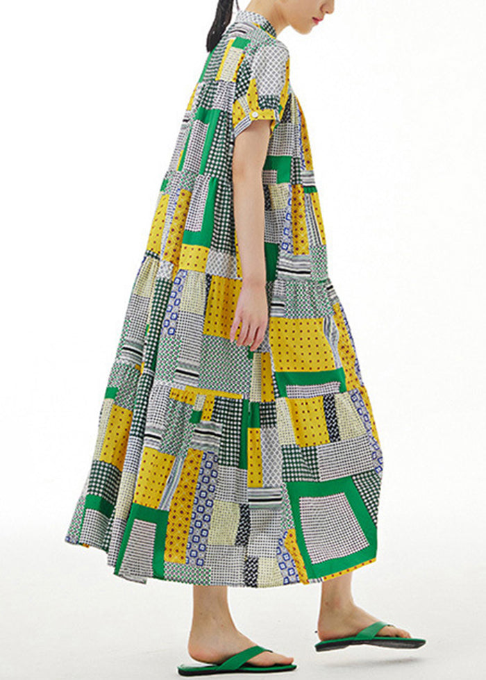 Colorblock Stand Collar Print Exra Large Hem Cotton Long Dresses Summer