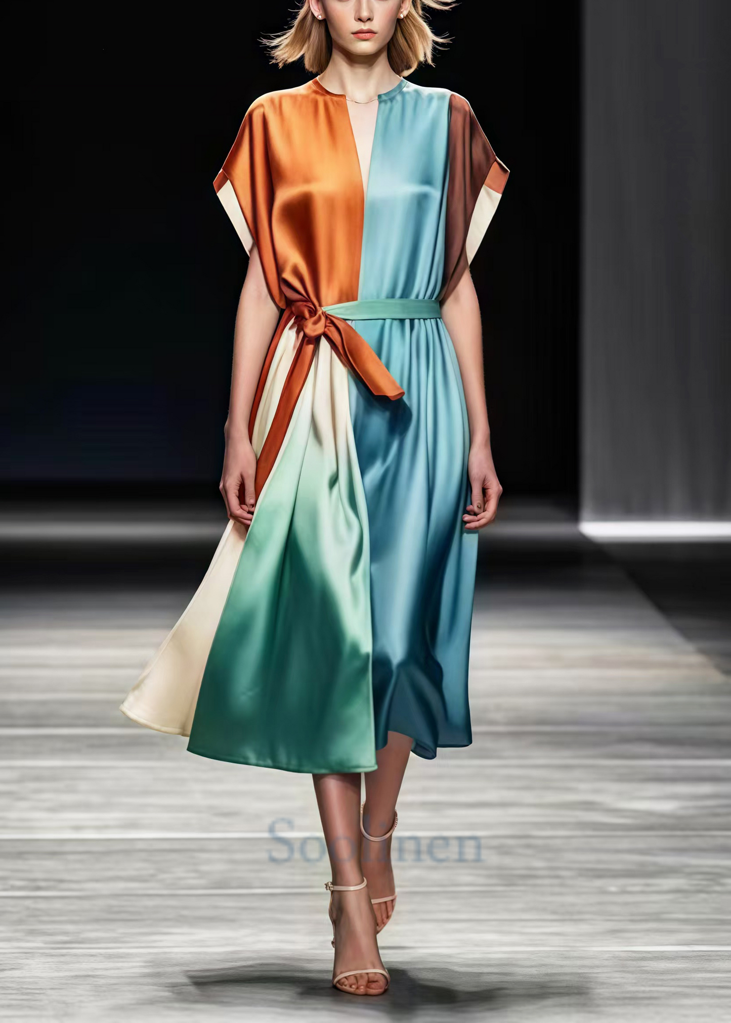 Colorblock Tie Waist Patchwork Silk Vacation Dresses Summer