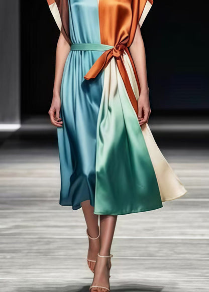 Colorblock Tie Waist Patchwork Silk Vacation Dresses Summer