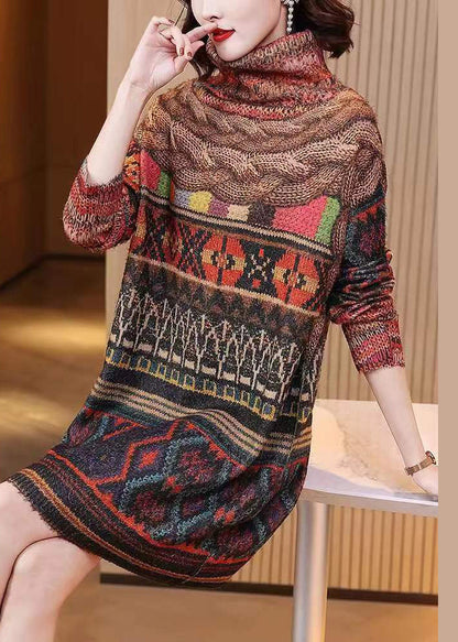 Colorblock Turtleneck Print Mink Hair Knitted Dress Fall