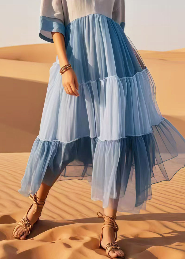 Colorblock V Neck Patchwork Cotton Dresses Summer