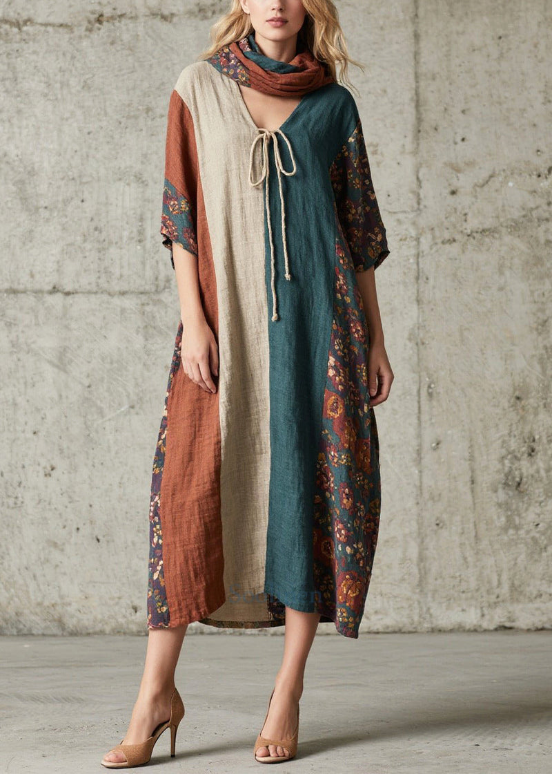 Colorblock V Neck Patchwork Cotton Long Dress Summer