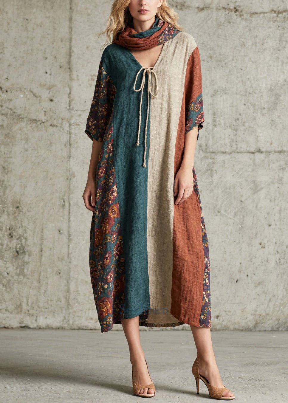 Colorblock V Neck Patchwork Cotton Long Dress Summer