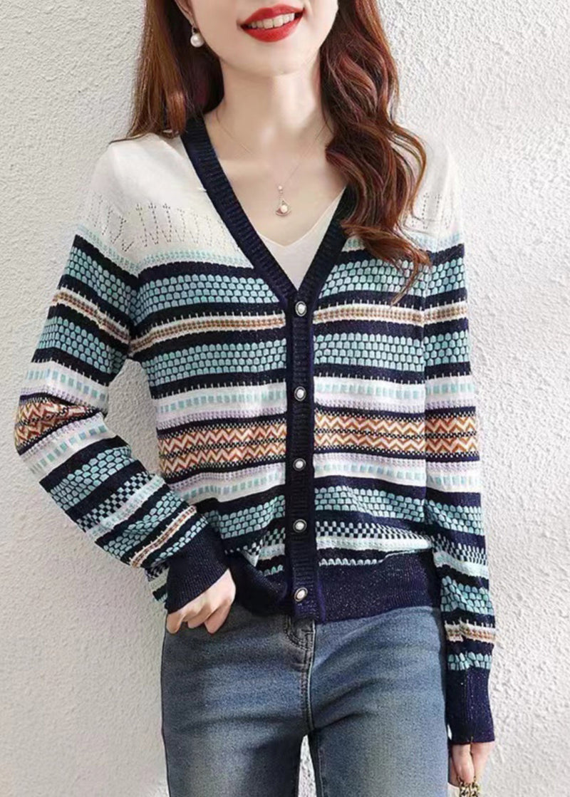 Colorblock V Neck Striped Patchwork Button Knit Cardigans Fall