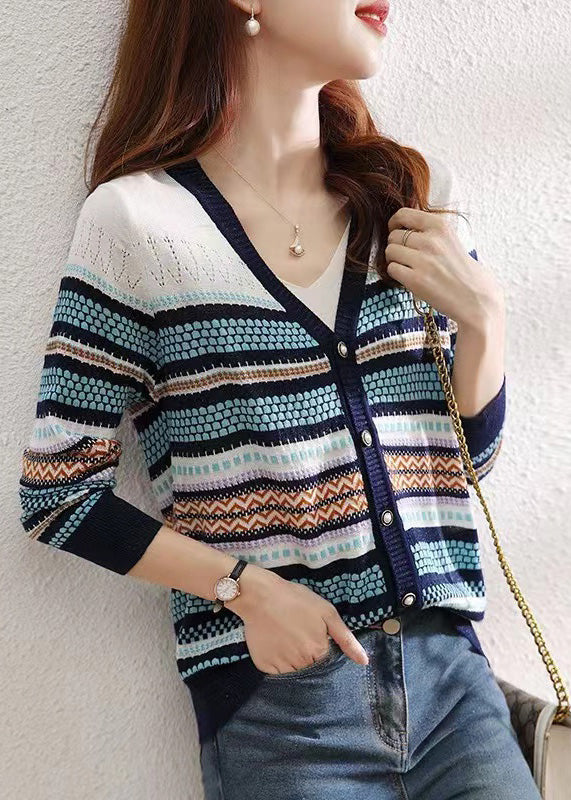 Colorblock V Neck Striped Patchwork Button Knit Cardigans Fall