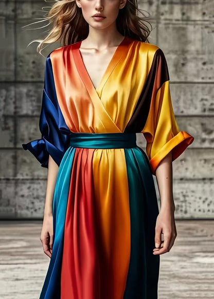 Colorblock V Neck Tie Dye Silk Vestidos Dresses Summer