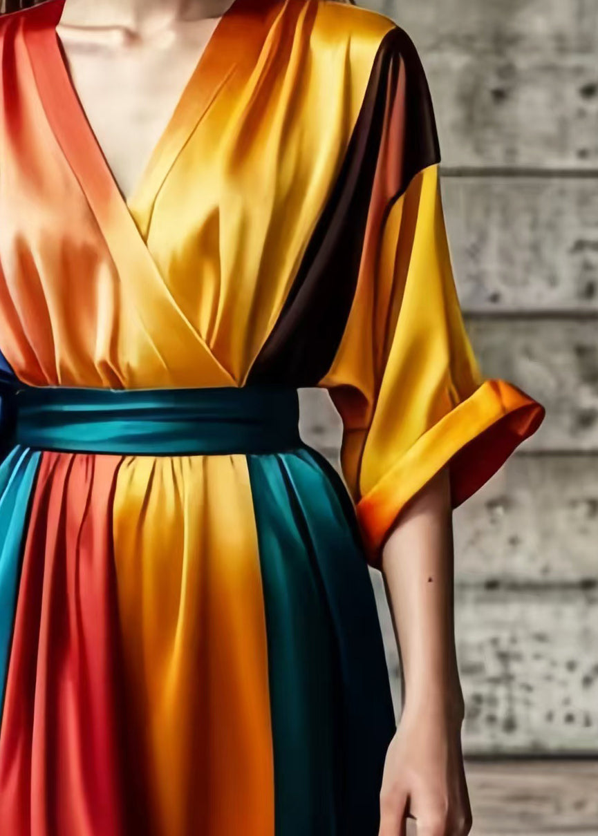 Colorblock V Neck Tie Dye Silk Vestidos Dresses Summer