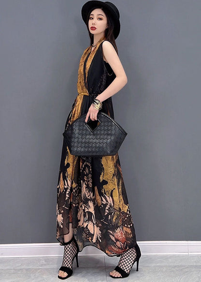 Colorblock V Neck Tie Waist Draping Chiffon Holiday Dress Sleeveless