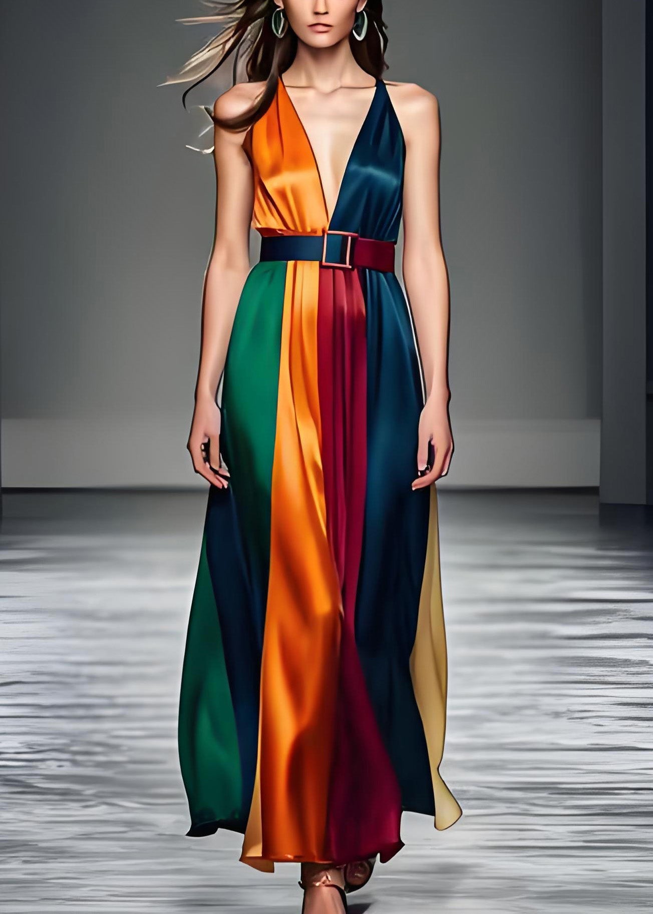 Colorblock V Neck Tie Waist Silk Long Dress Sleeveless