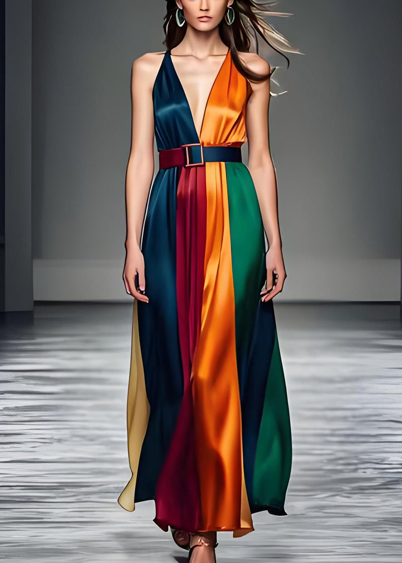 Colorblock V Neck Tie Waist Silk Long Dress Sleeveless