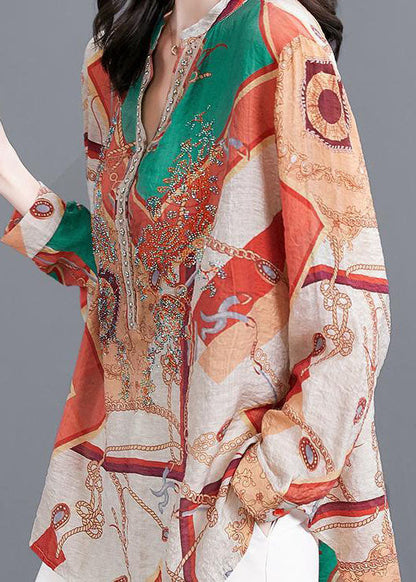 Colorblock V Neck Zircon Print Cotton Shirt Tops Spring