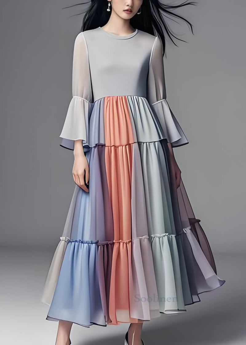 Colorblock Wrinkled Patchwork Chiffon Dress Flare Sleeve