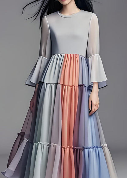 Colorblock Wrinkled Patchwork Chiffon Dress Flare Sleeve