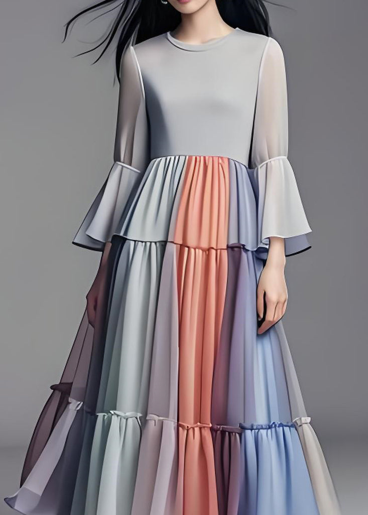 Colorblock Wrinkled Patchwork Chiffon Dress Flare Sleeve