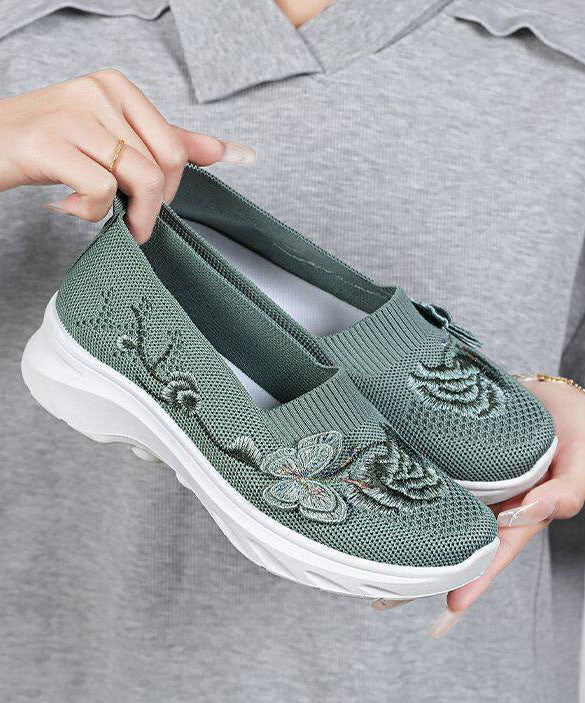 Comfy Embroidered Flat Shoes Green Breathable Mesh