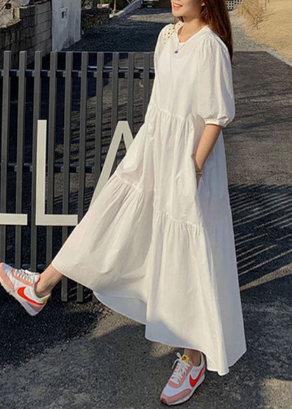 Cotton Color Puff Sleeve Pleated Simple Maxi Dresses With Pocket