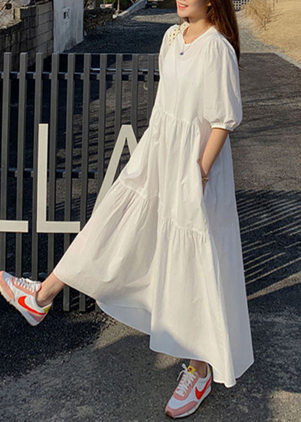 Cotton Color Puff Sleeve Pleated Simple Maxi Dresses With Pocket