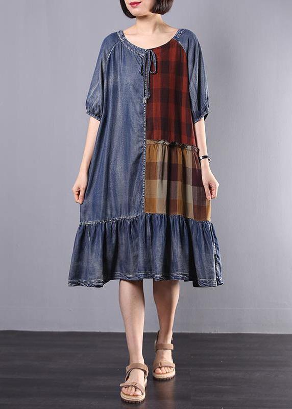 Cotton Tunics Indian Plaid Spliced Denim A-line Dress