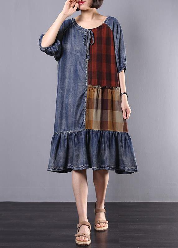 Cotton Tunics Indian Plaid Spliced Denim A-line Dress