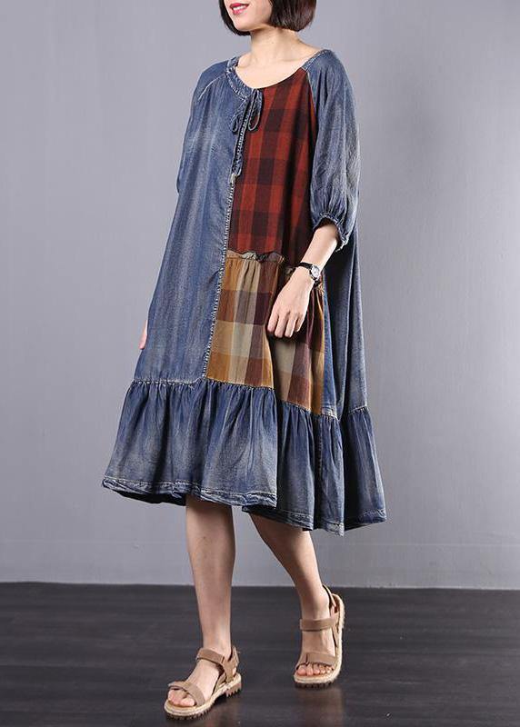 Cotton Tunics Indian Plaid Spliced Denim A-line Dress