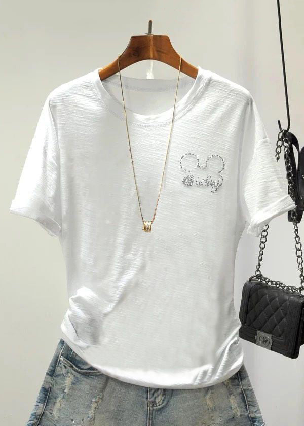 Daisy Zircon O Neck Cotton T Shirts Summer