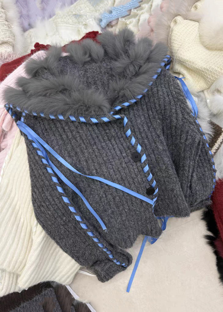 Dark Gray Fur Collar Button Cozy Knit Coat Fall